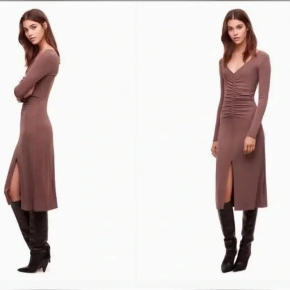 Wilfred Aveyron Dress in Red Midi V-Neck Long Sleeves Ruched Cocktail Size XXS